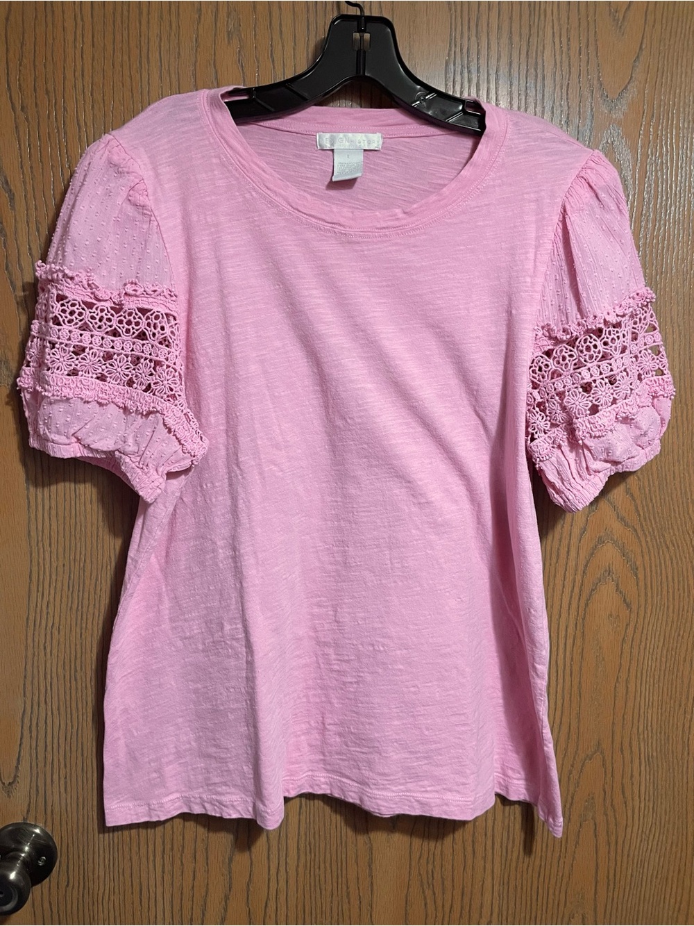Pink Tee with Puff Sleeve and Crocheted Details